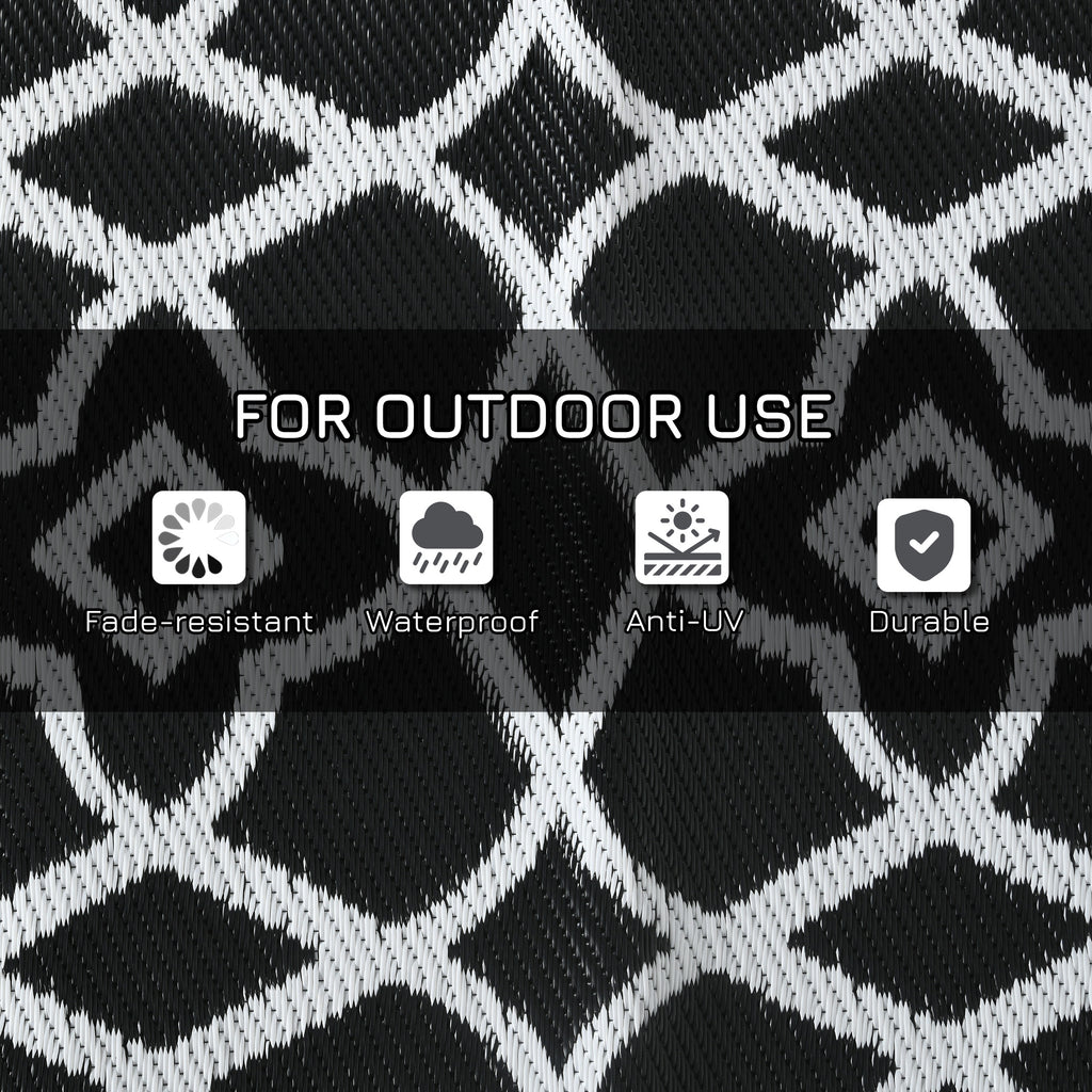 Reversible Outdoor Rug Carpet RV Camping Rugs with Carry Bag, 8' x 10', Black & White Clover