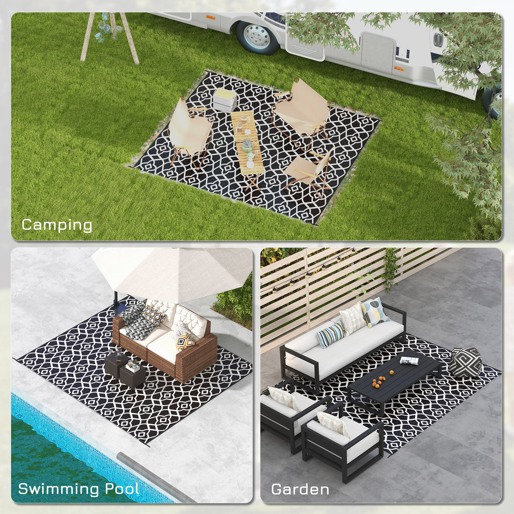 Reversible Outdoor Rug Carpet RV Camping Rugs with Carry Bag, 8' x 10', Black & White Clover