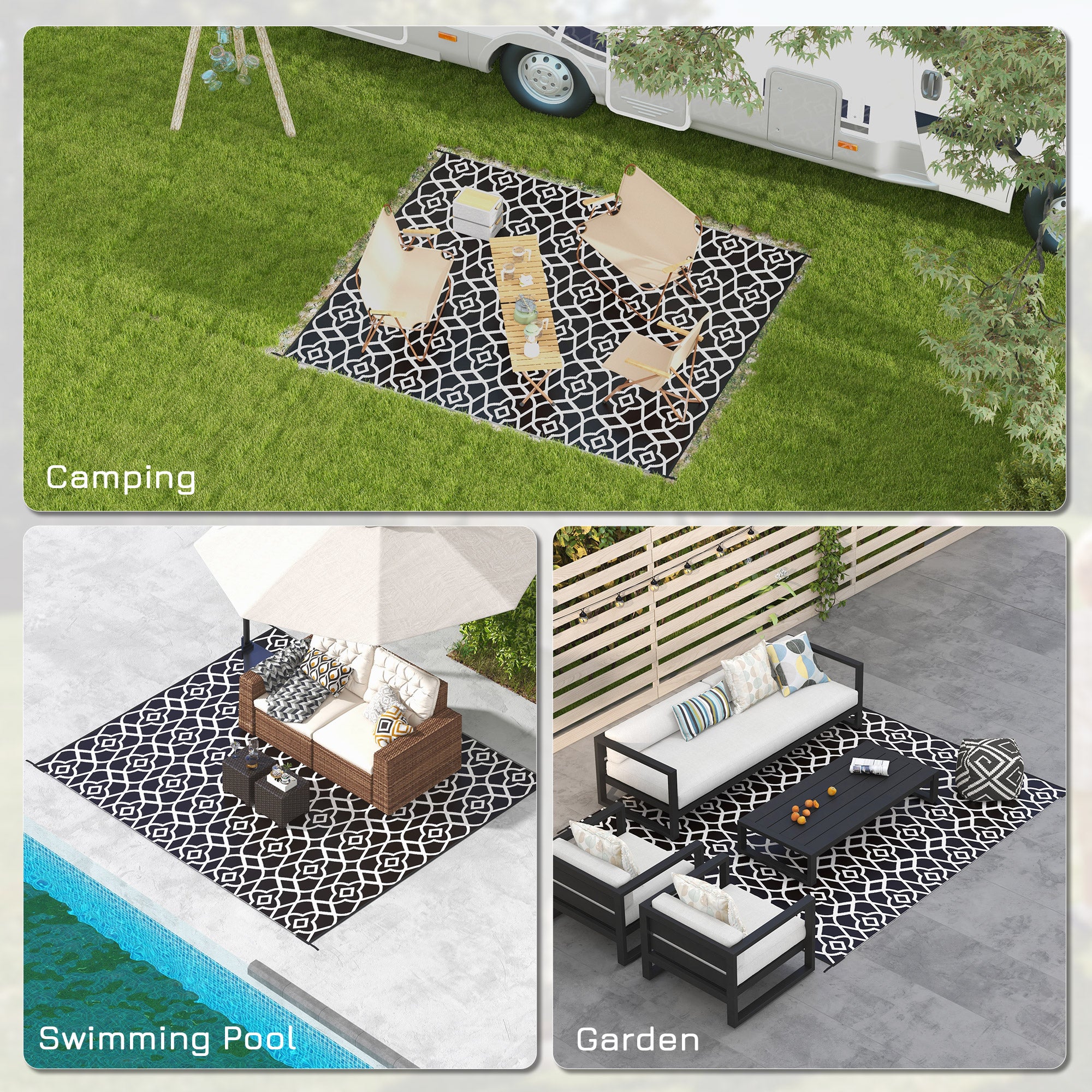 Reversible Outdoor Rug Carpet RV Camping Rugs with Carry Bag, 8' x 10', Black & White Clover