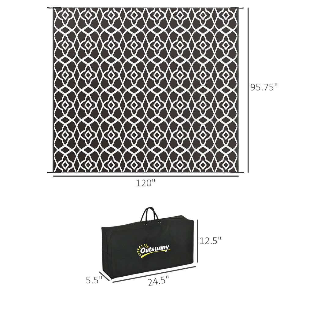 Reversible Outdoor Rug Carpet RV Camping Rugs with Carry Bag, 8' x 10', Black & White Clover