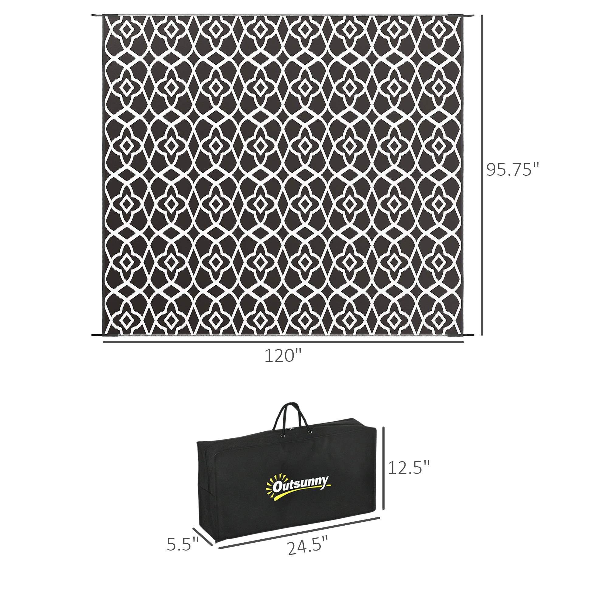 Reversible Outdoor Rug Carpet RV Camping Rugs with Carry Bag, 8' x 10', Black & White Clover